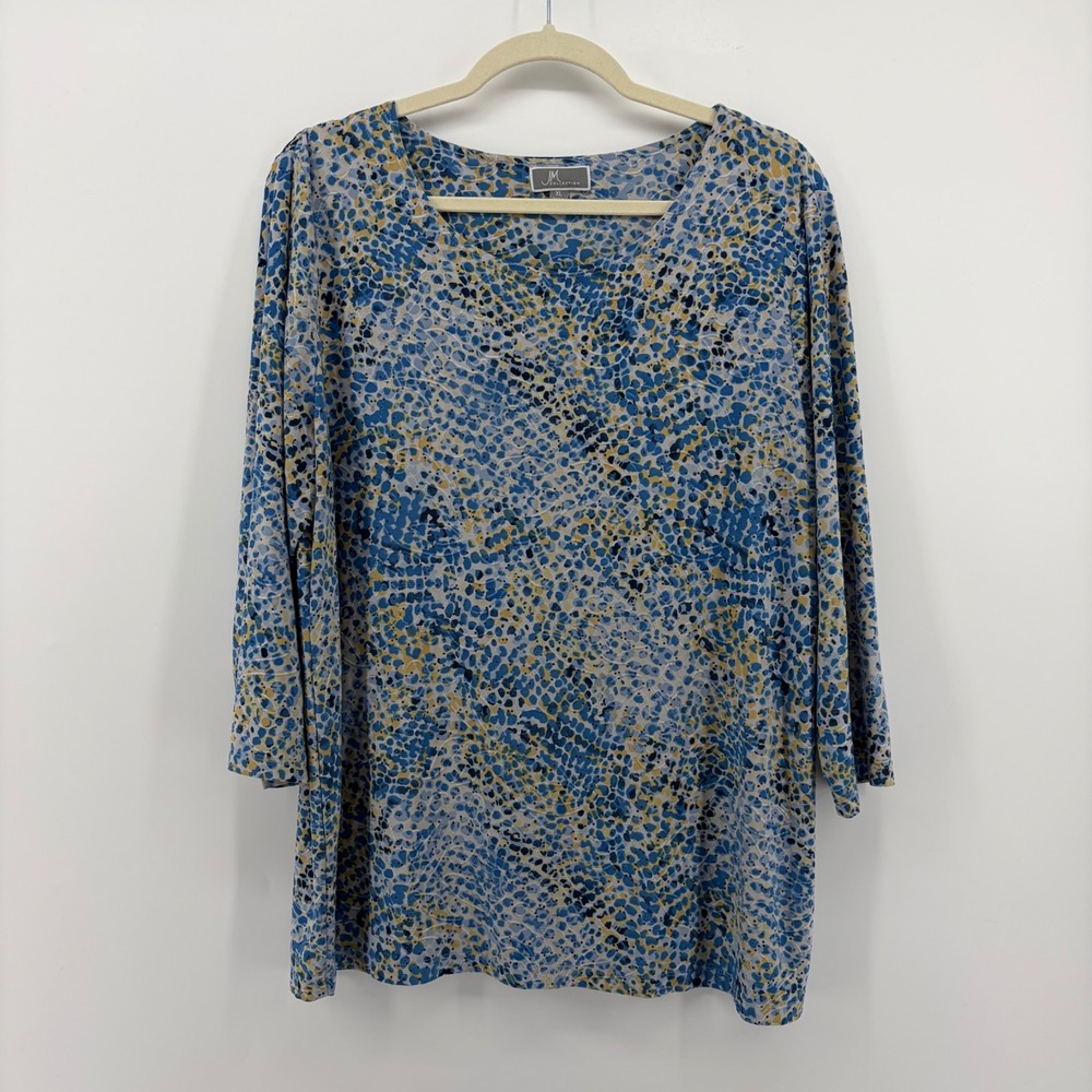 JM Collection Womens XL Tunic Top Blue Yellow Abstract Print V Neck 3/4 Sleeve